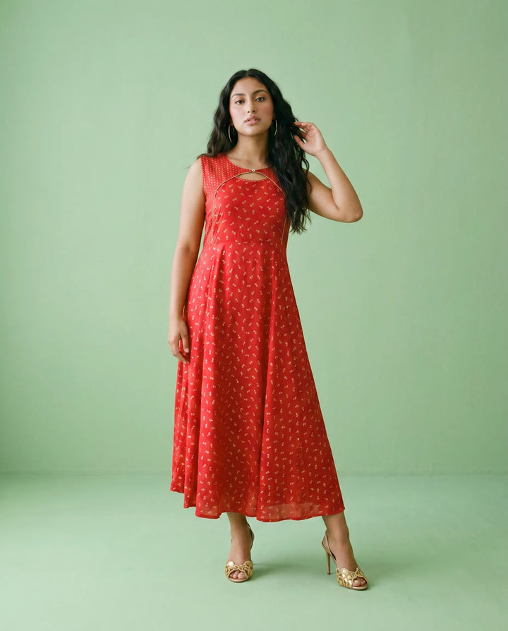 Red Printed Rayon Sleeveless Maxi Dress