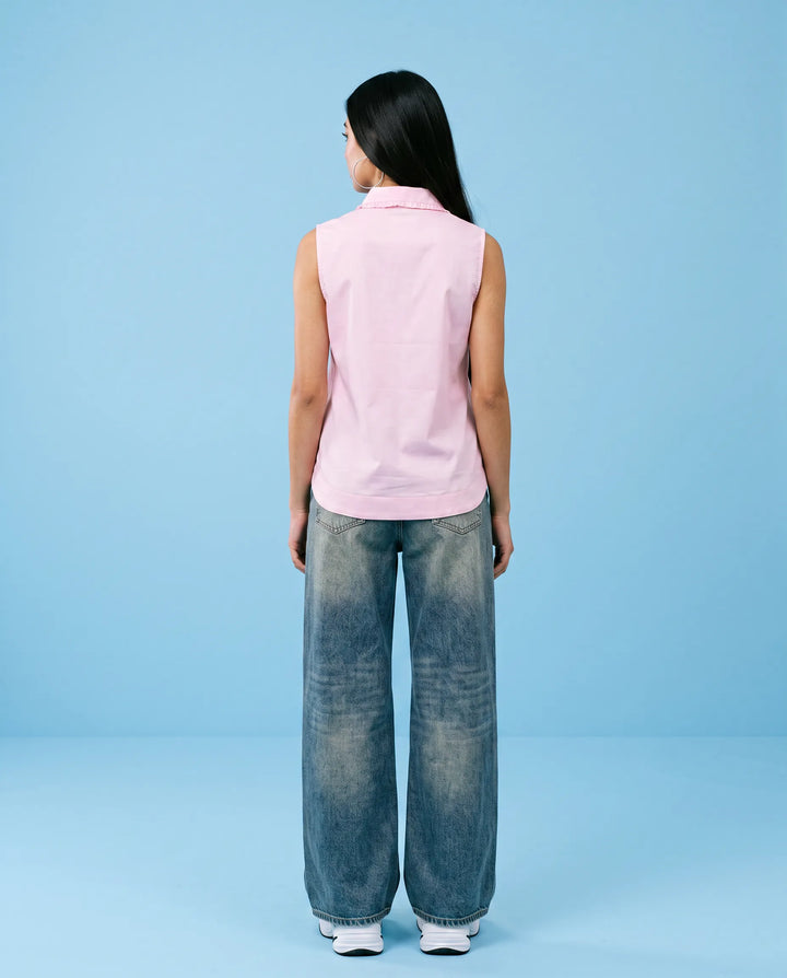 Pink Solid Cotton Satin Sleeveless Top