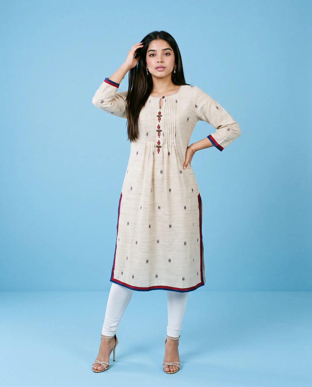 Beige Printed Cotton Blended Straight cut Long Kurta