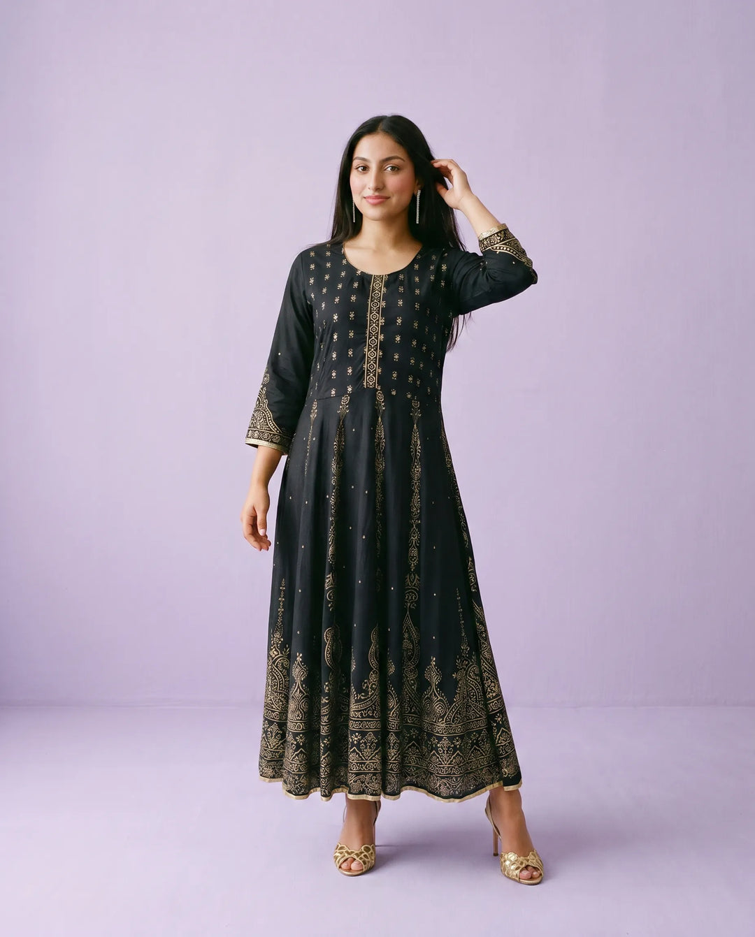 Black Printed Rayon Maxi Dress