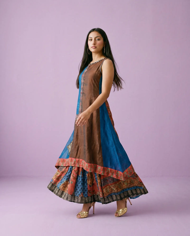 Navy Printed Viscose Blended Sleeveless Maxi Dress