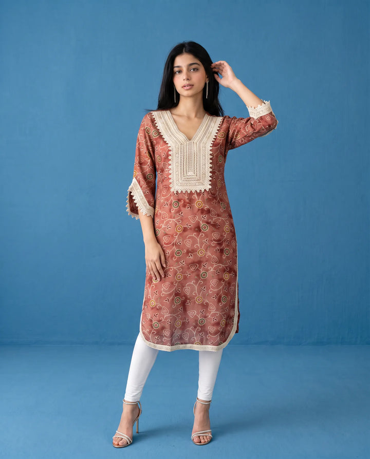 Brown Printed Viscose Blended Straight cut Long Kurta