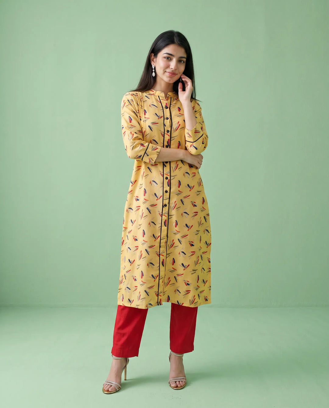 Yellow Printed Cotton Straight cut Long Kurta
