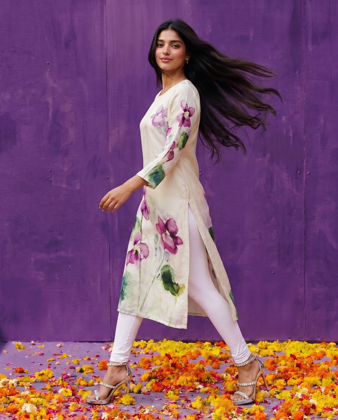 Multi Colour Printed Crepe Silk Straight cut Long Kurta