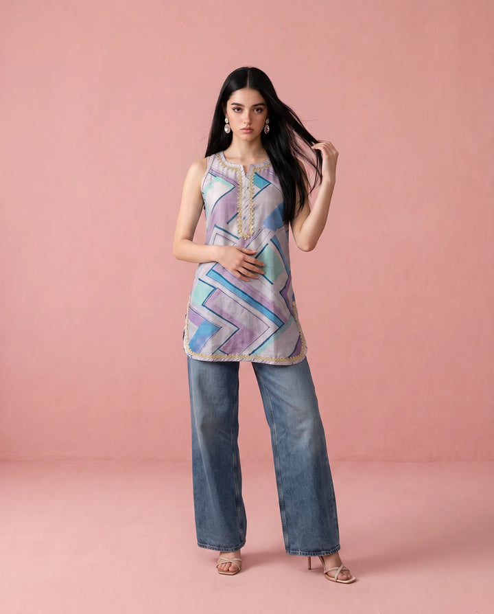 Purple Printed Cotton Blended Sleeveless Short Kurti