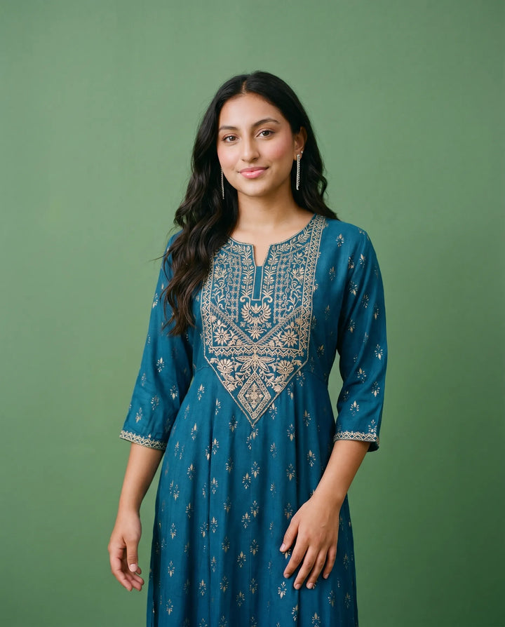 Blue Embriodered Rayon Maxi Dress