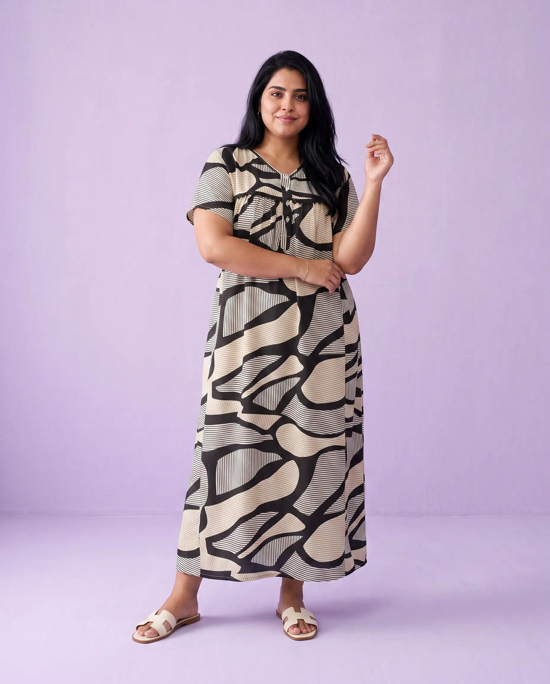 Black Printed Super Soft Rayon Night Dress / Home Wear
