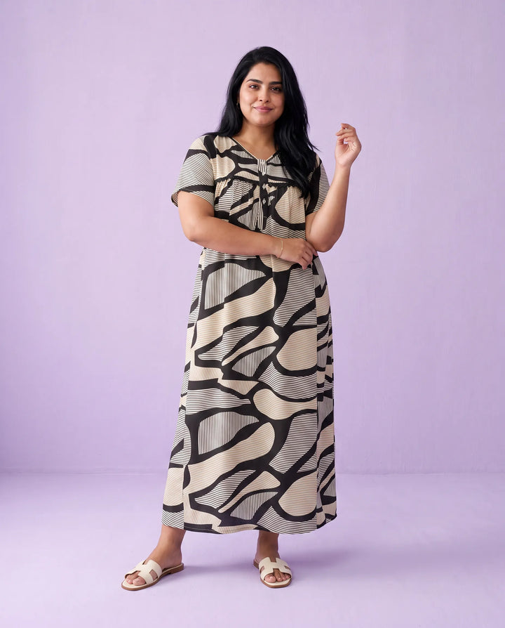 Black Printed Super Soft Rayon Night Dress / Home Wear