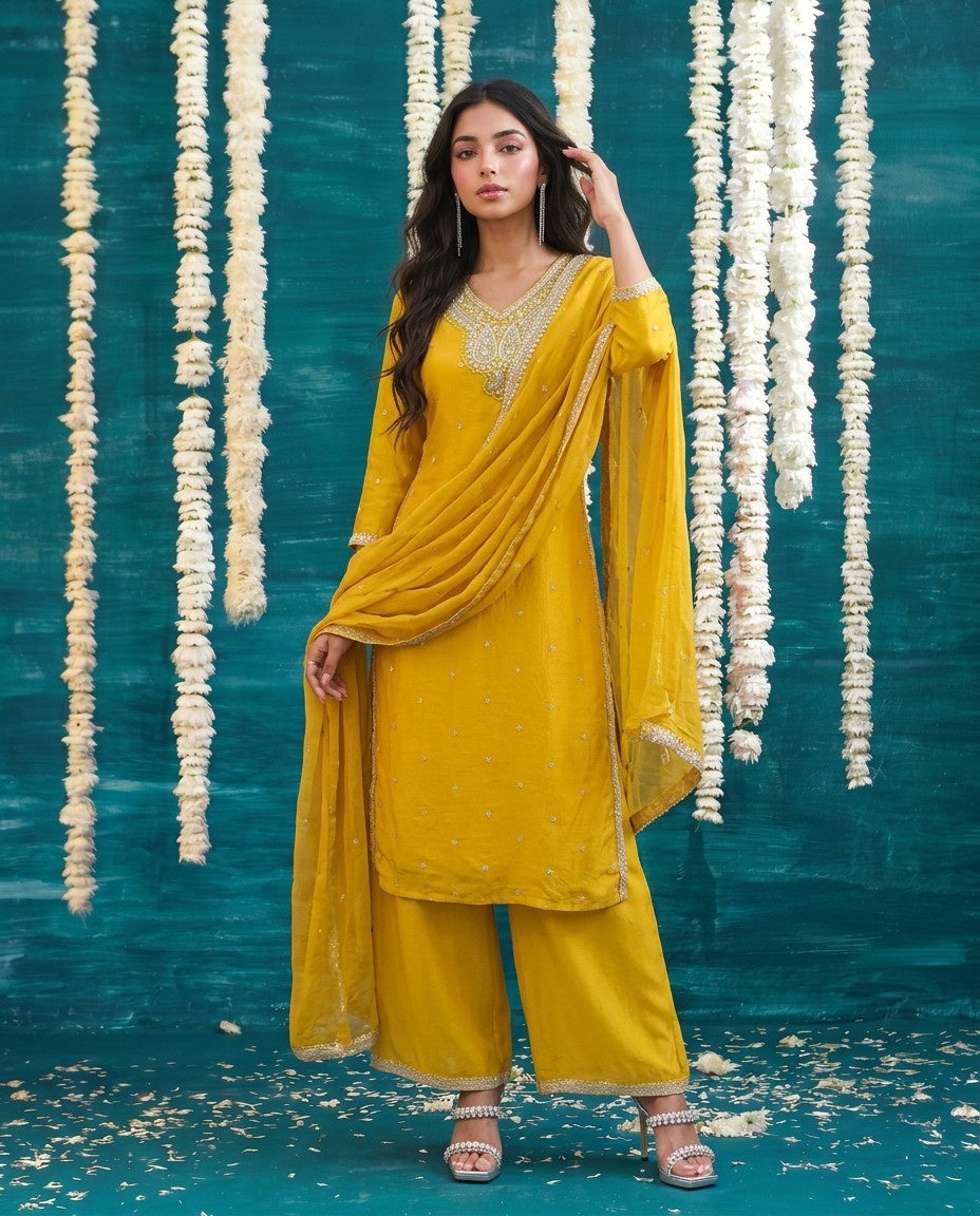 Yellow Embriodered Silk Blended Kurta Bottom Dupatta Set