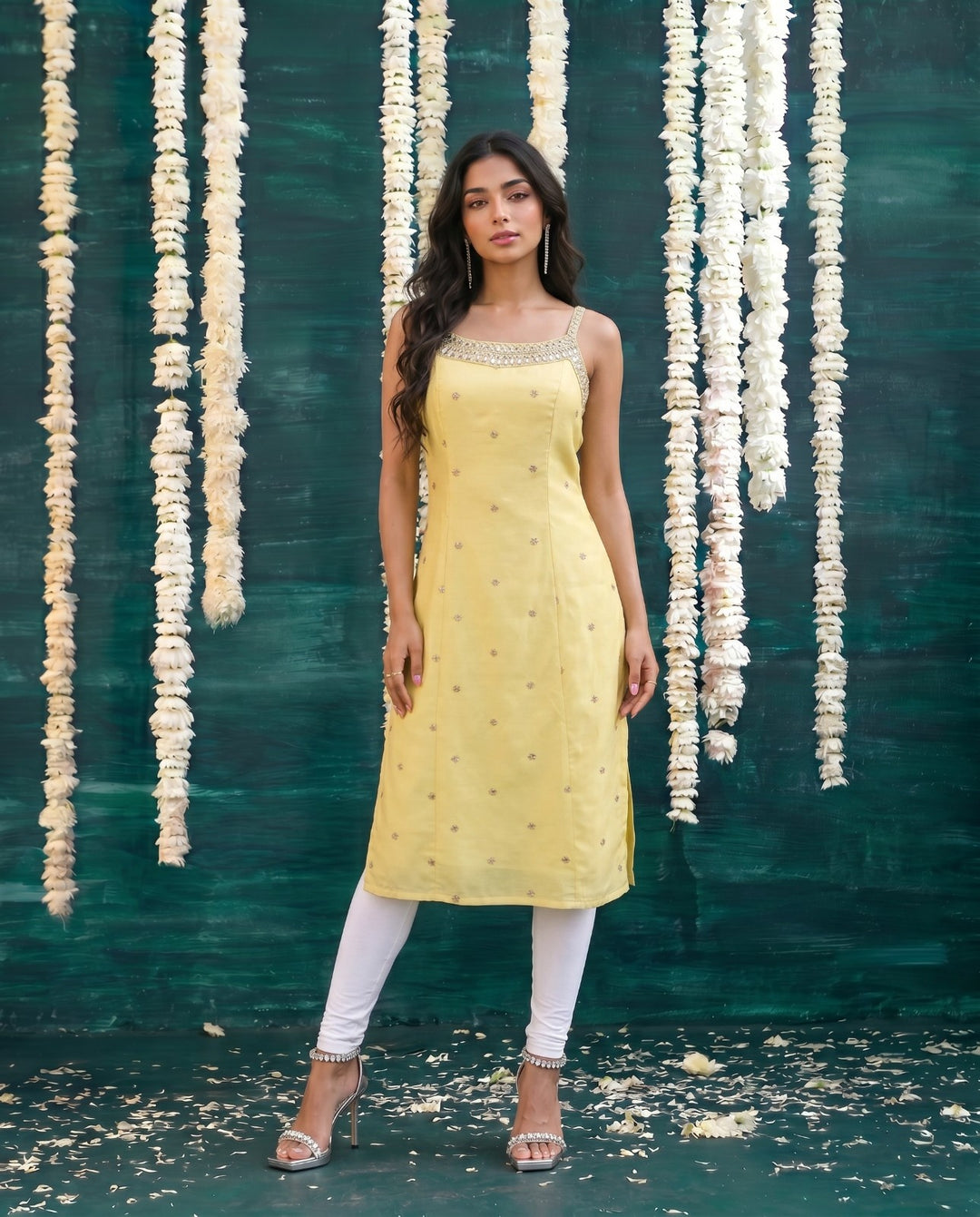 Yellow Embroidered Viscose Blended Spaghetti Strap Straight Cut Long Kurta