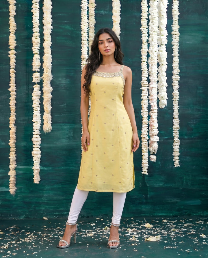 Yellow Embroidered Viscose Blended Spaghetti Strap Straight Cut Long Kurta