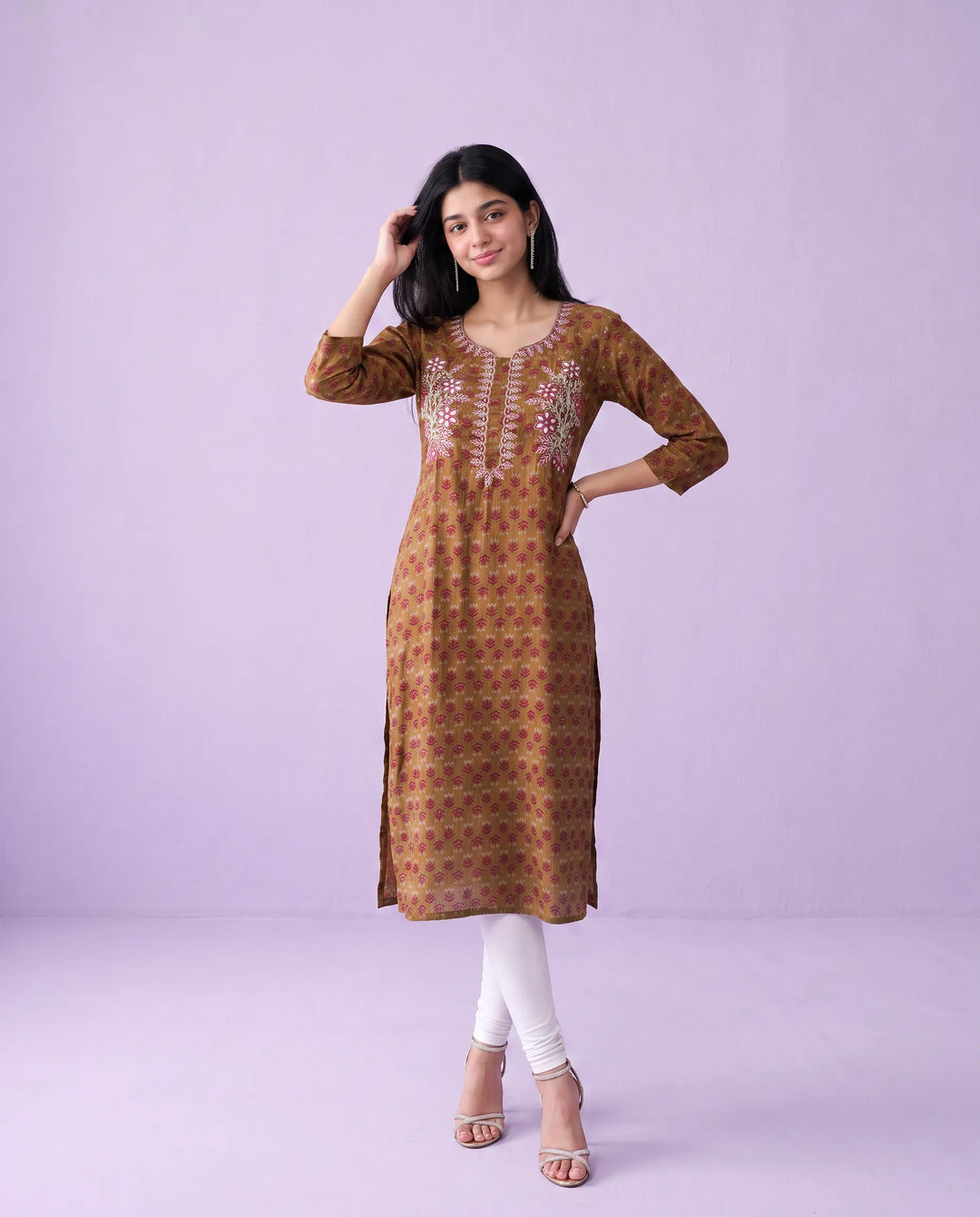 Brown Embroidered Viscose Blended Straight cut Long Kurta