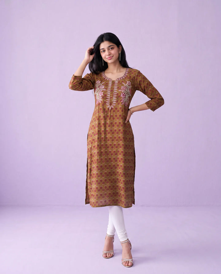 Brown Embroidered Viscose Blended Straight cut Long Kurta