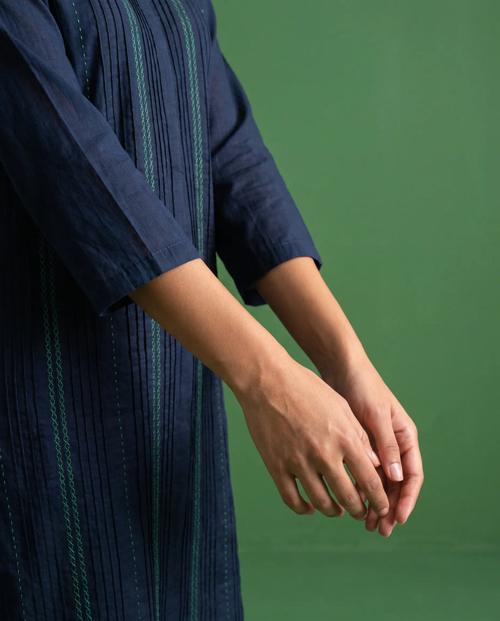 Navy Embroidered Cotton Straight cut Long Kurta