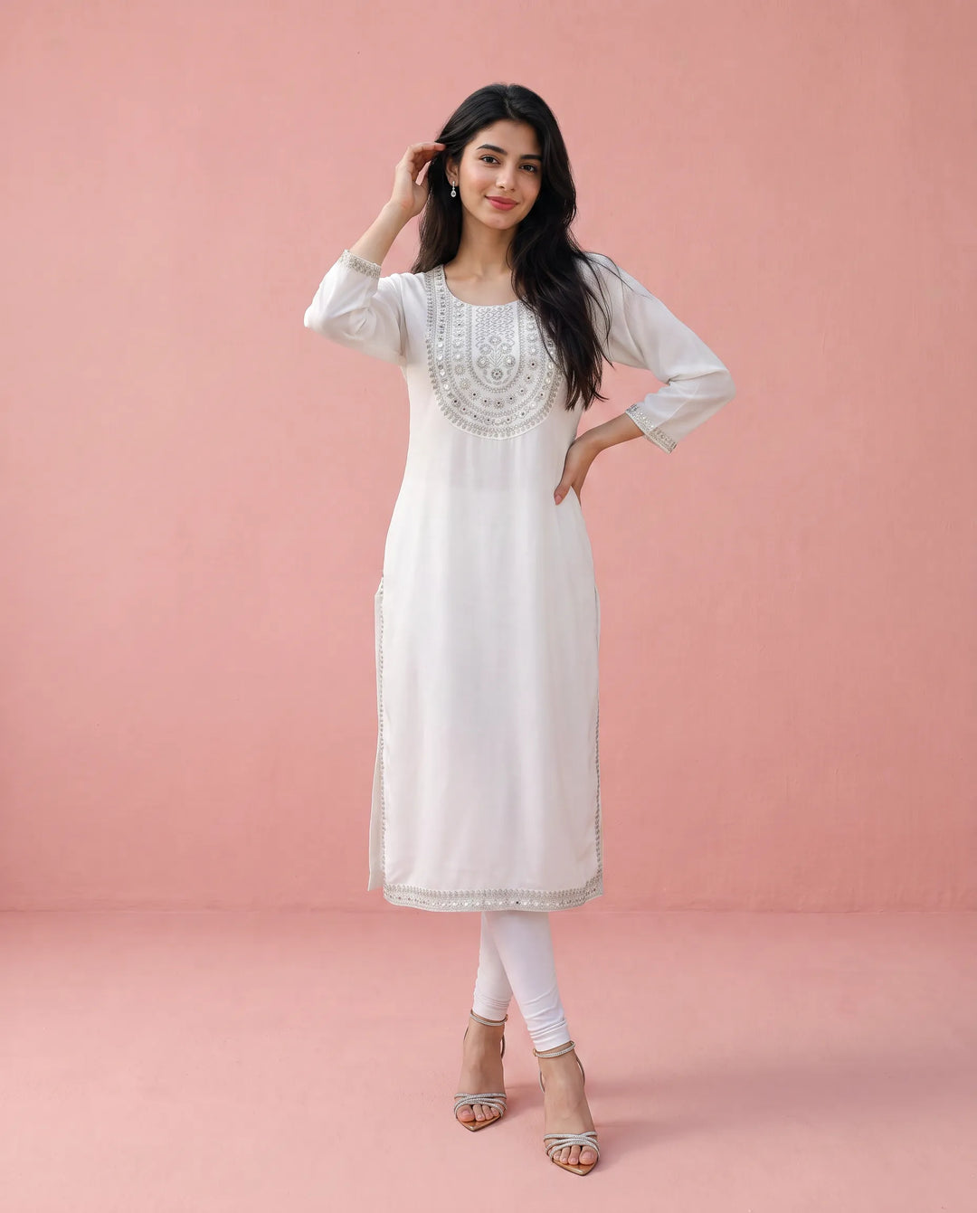 White Embroidered Rayon Straight cut Long Kurta