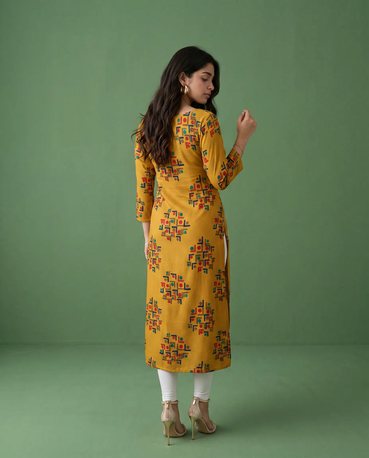 Yellow Embroidered Rayon Straight cut Long Kurta