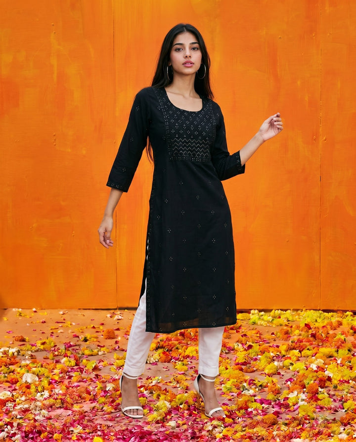 Black Embroidered Viscose Blended Straight cut Long Kurta