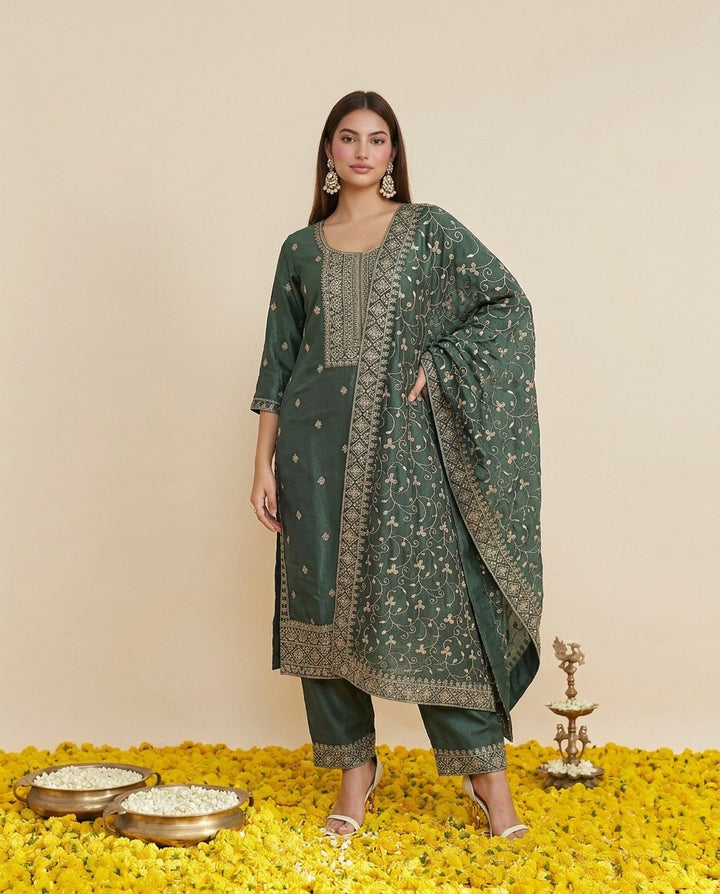 Pista Embriodered Silk Blended Kurta Bottom Dupatta Set