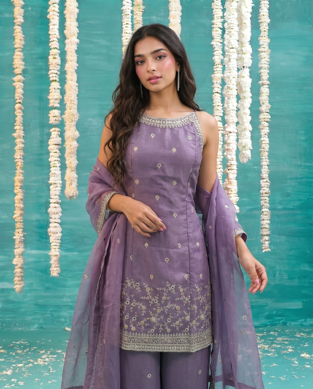 Purple Embriodered Silk Blended Spaghetti Strap Kurta Bottom Dupatta Set