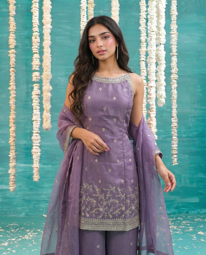 Purple Embriodered Silk Blended Spaghetti Strap Kurta Bottom Dupatta Set