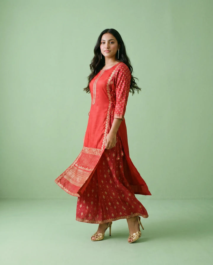 Red Printed Viscose Blended Maxi Dress