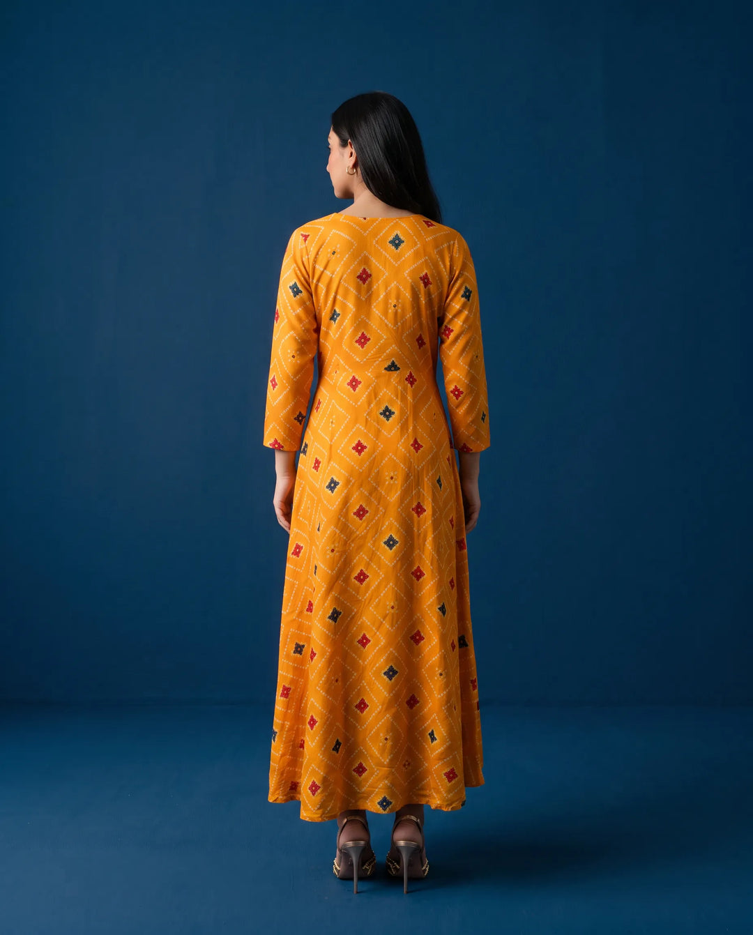 Mustard Printed Rayon Maxi Dress
