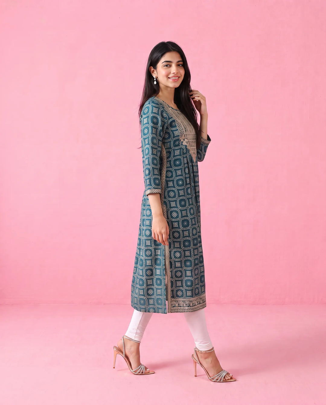 Teal Blue Embroidered Viscose Blended Straight Cut Long Kurta