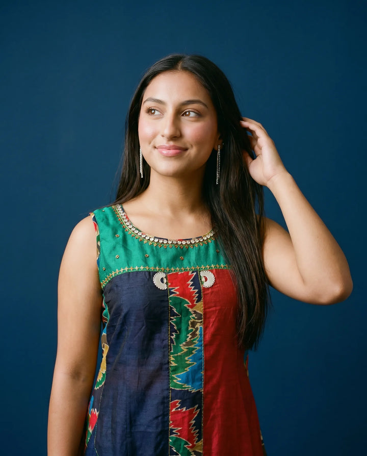 Navy Printed Viscose Blended Sleeveless Maxi Dress
