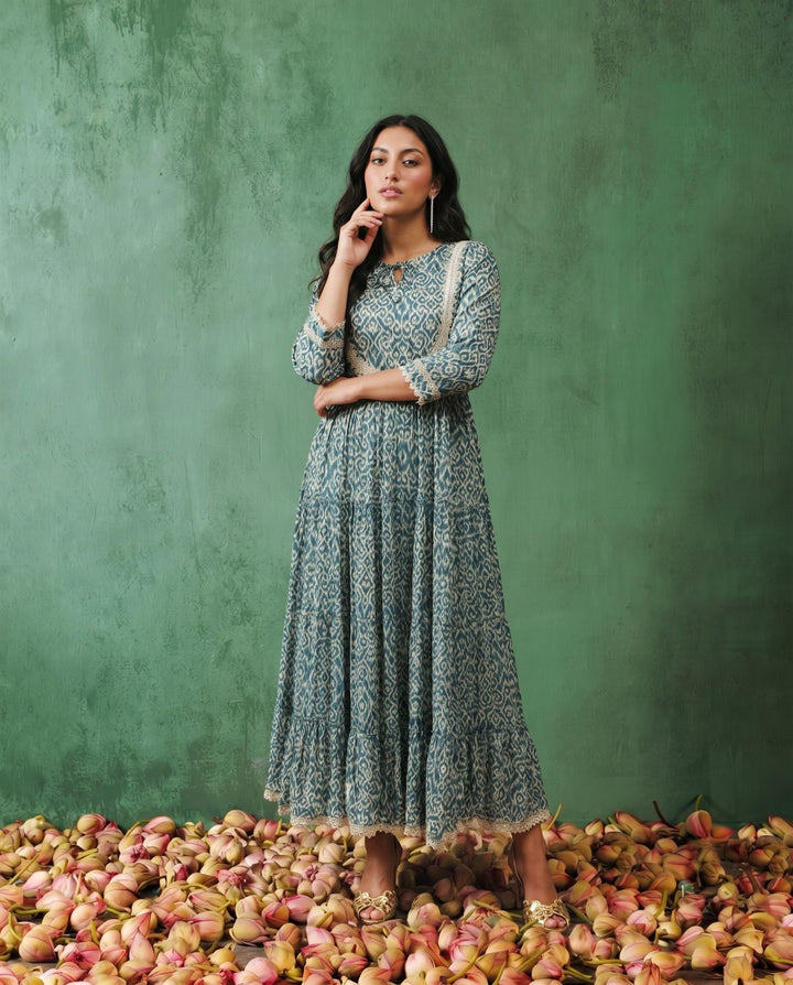 Blue Printed Silk Blended Maxi Dress