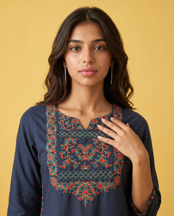 Navy Embroidered Viscose Blended Straight cut Long Kurta