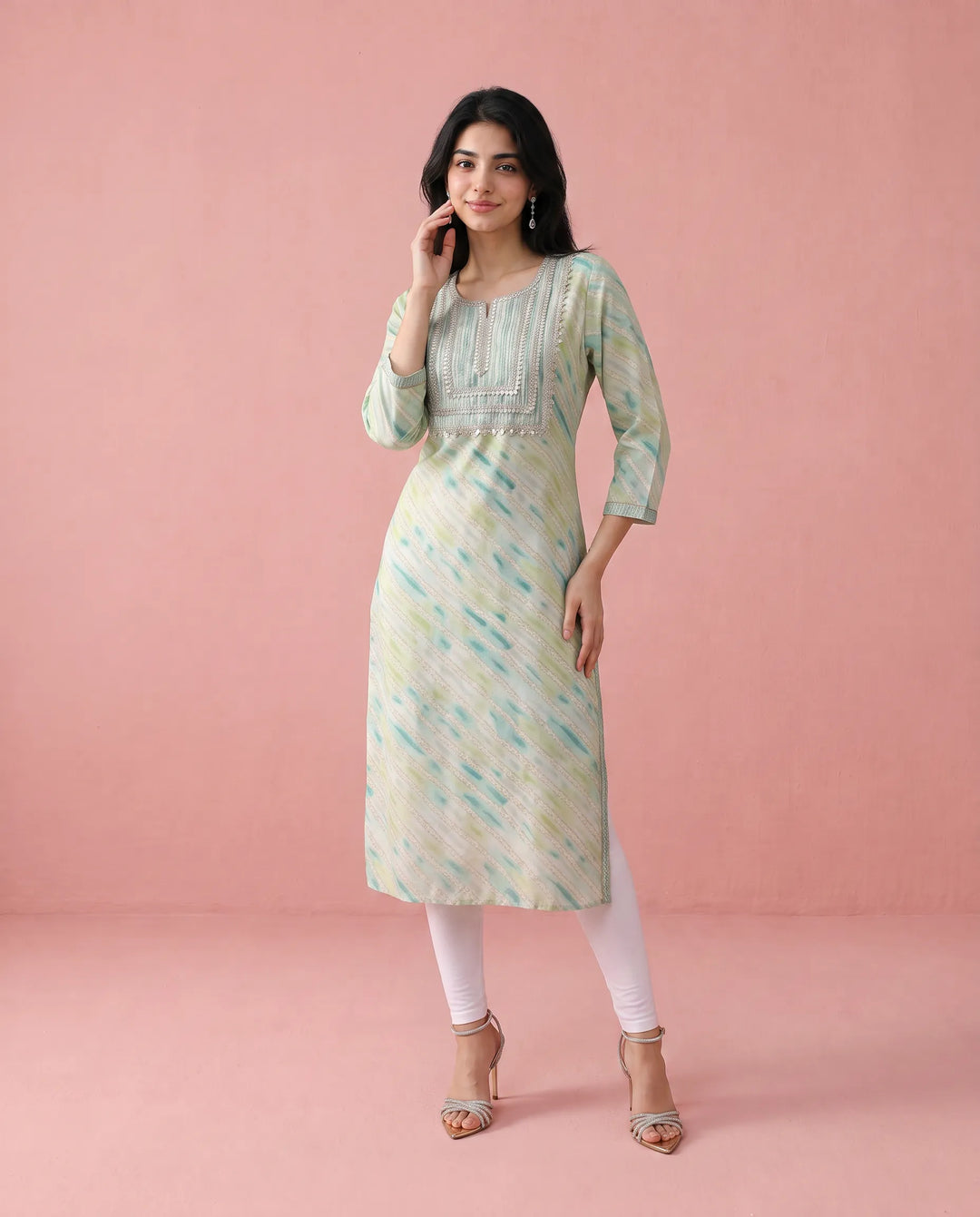 Green Printed Viscose Blended Straight cut Long Kurta