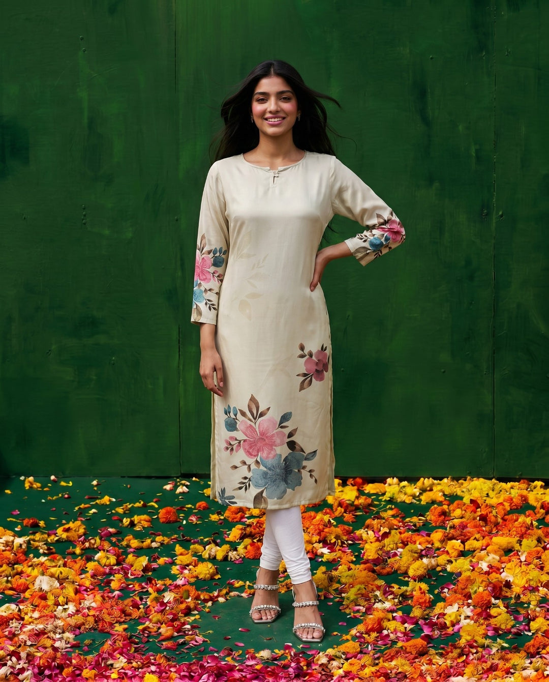 Multi Colour Printed Crepe Silk Straight cut Long Kurta
