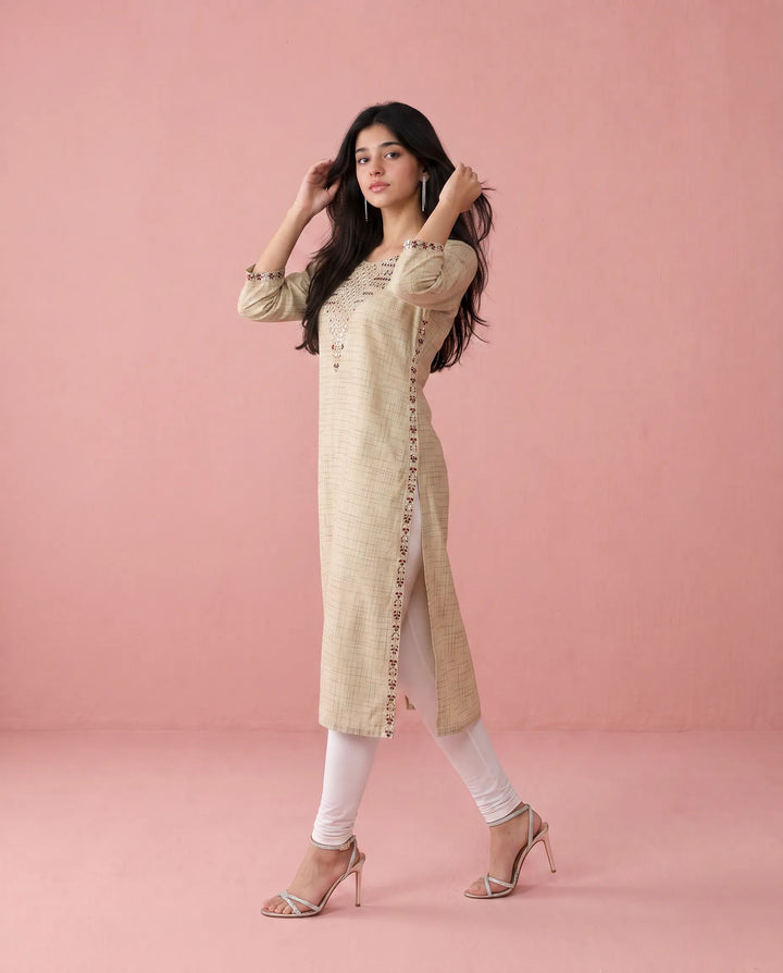 Beige Embroidered Cotton Straight cut Long Kurta