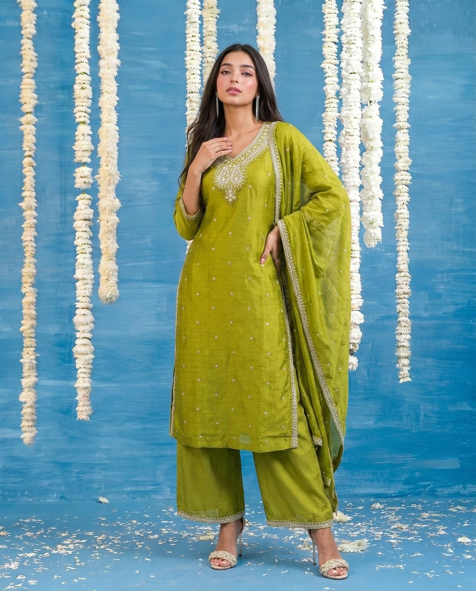 Olive Embriodered Silk Blended Kurta Bottom Dupatta Set