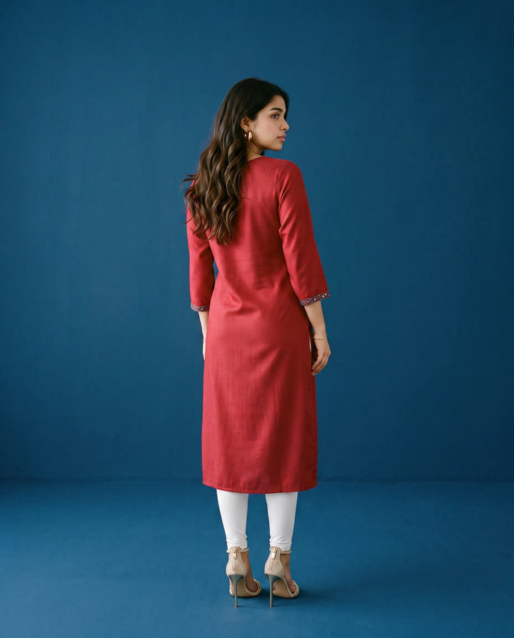 Maroon Embroidered Viscose Blended Straight cut Long Kurta