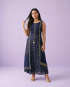 Navy Printed Rayon Sleeveless Maxi Dress