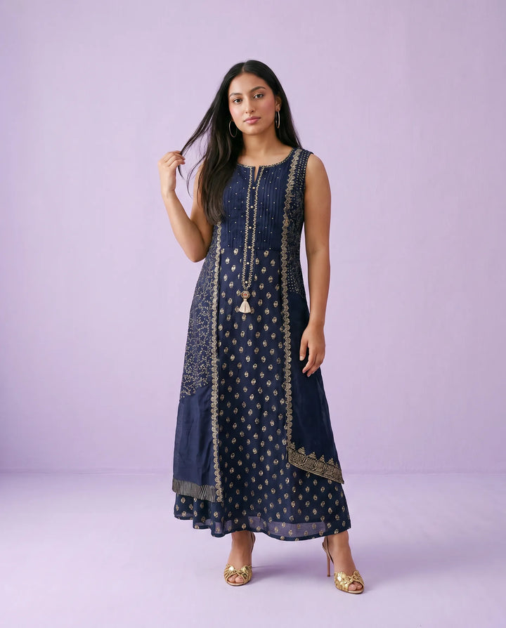 Navy Printed Rayon Sleeveless Maxi Dress