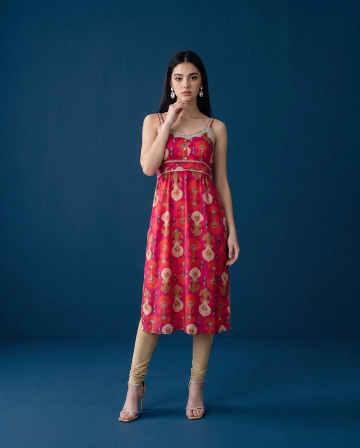 Pink Printed Viscose Blended Spaghetti Strap Straight Cut Long Kurta