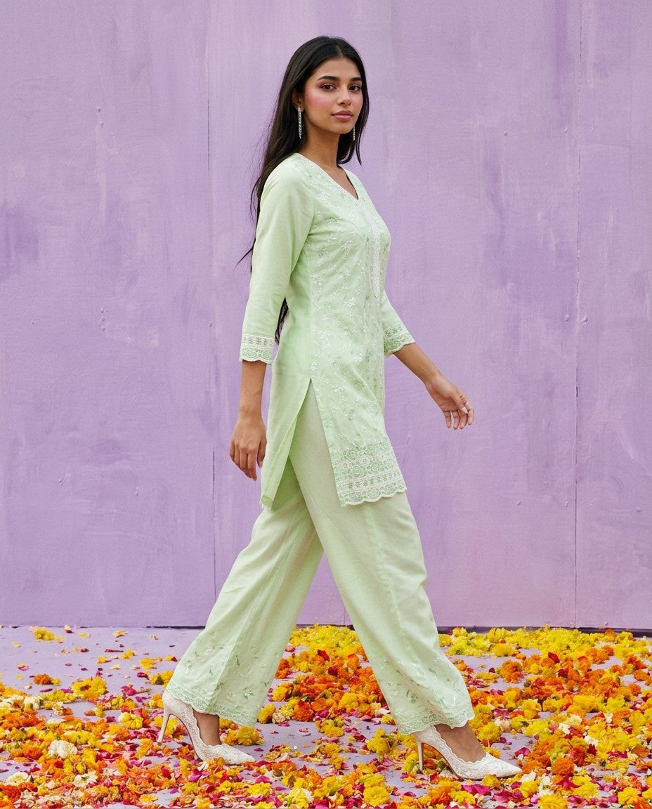 Lime Green Embriodered Cotton Satin Co-Ord Set