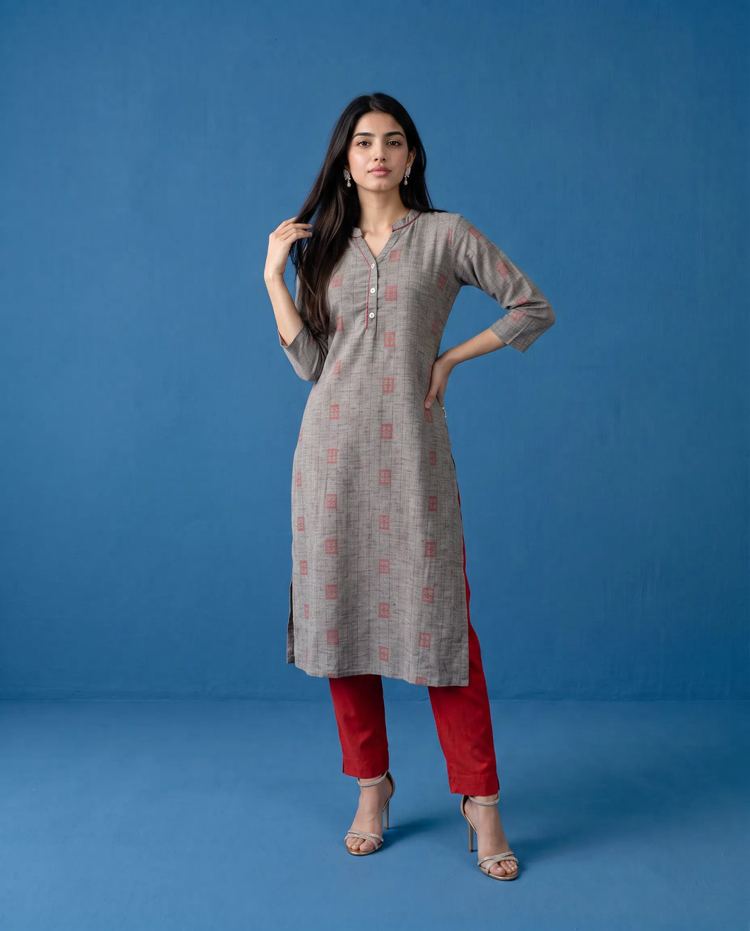 Grey Printed Cotton Straight cut Long Kurta