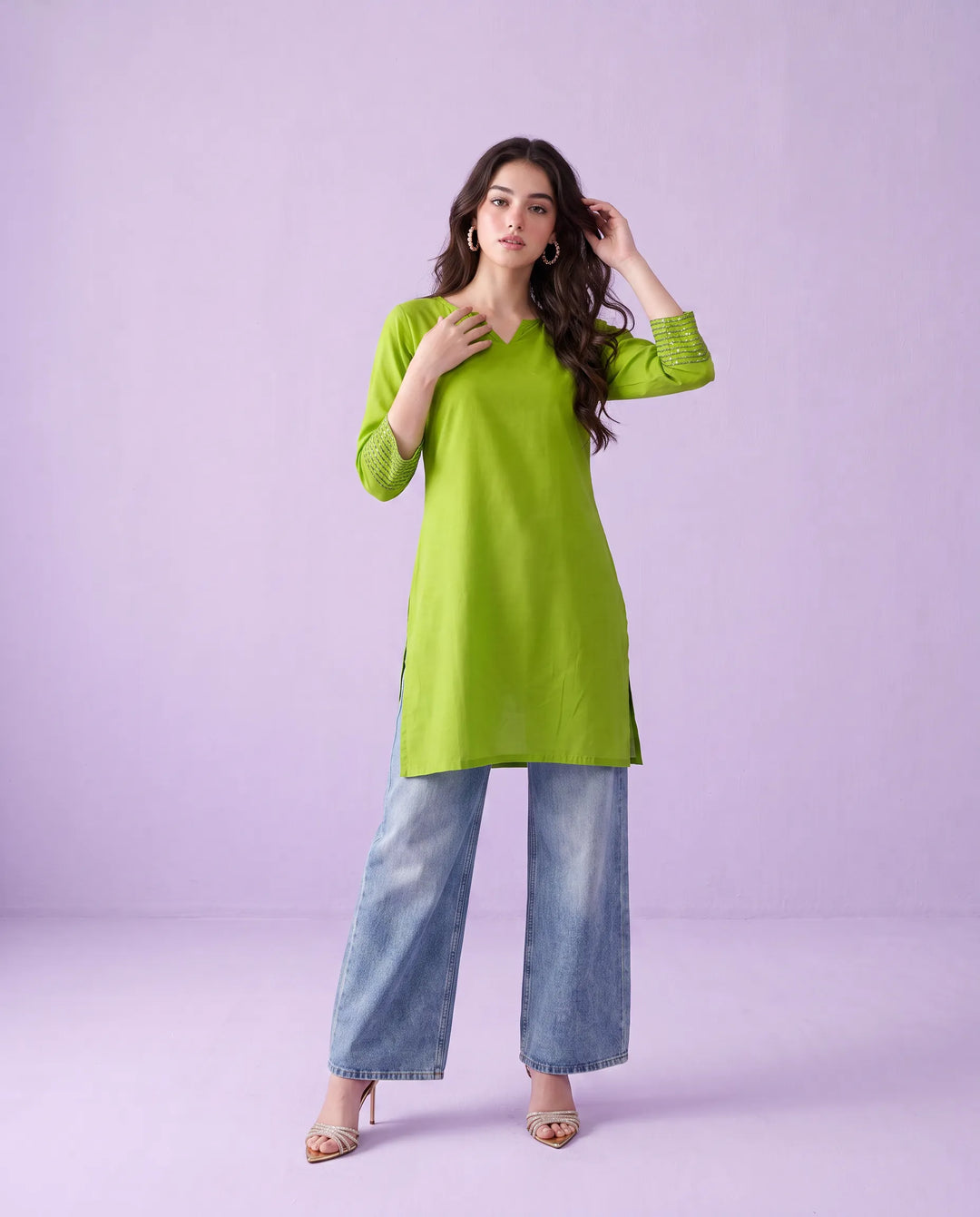 Lemon Embroidered Cotton Short Kurti
