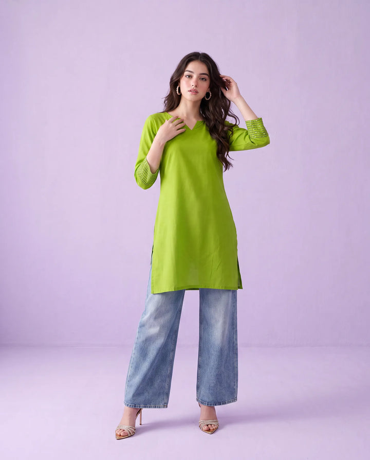 Lemon Embroidered Cotton Short Kurti