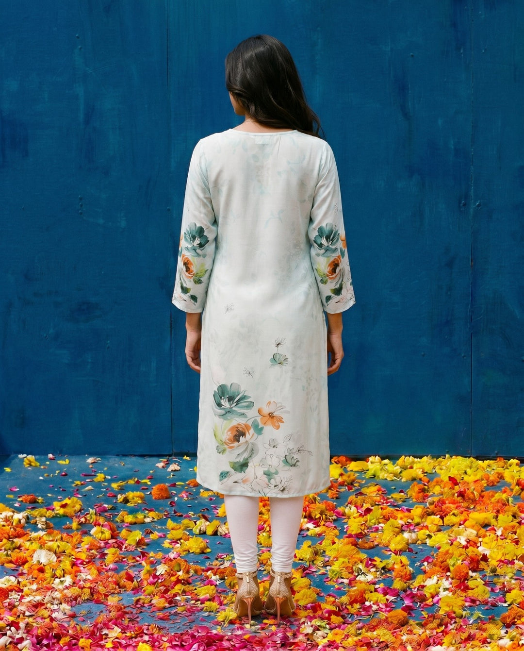 Blue Printed Crepe Silk Straight cut Long Kurta