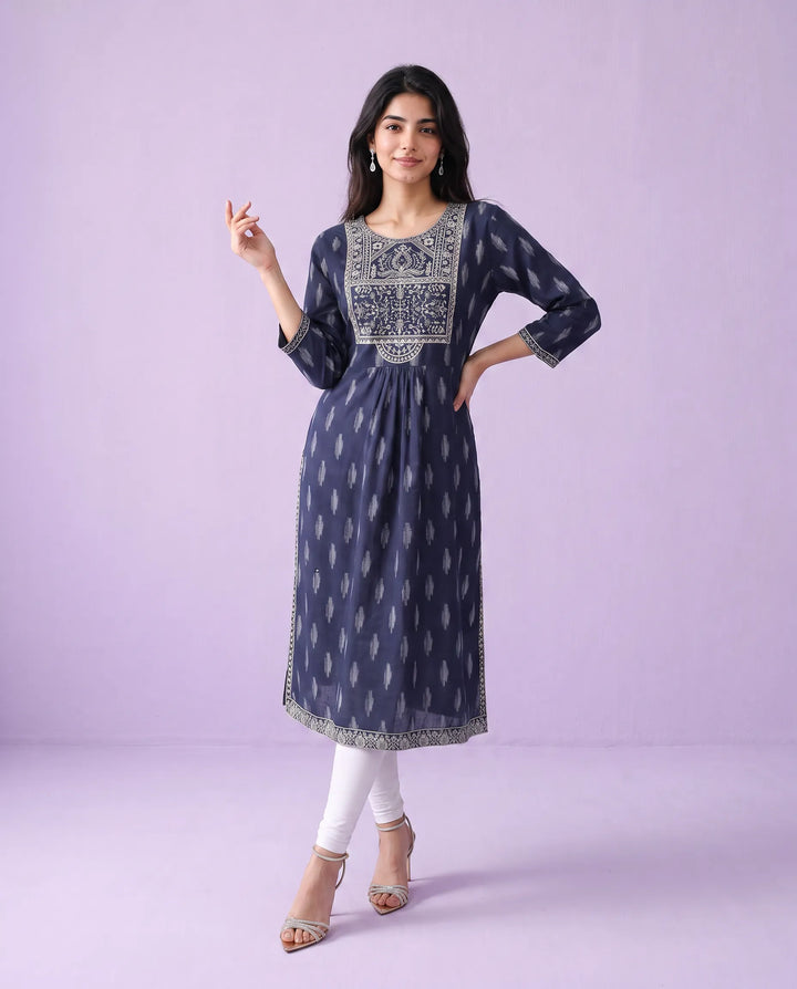 Navy Embroidered Cotton A- Line Long Kurta