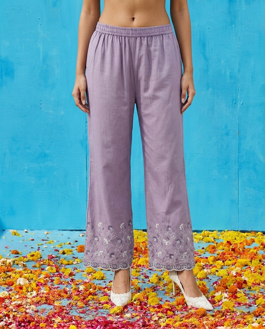 Purple Embriodered Cotton Satin Co-Ord Set