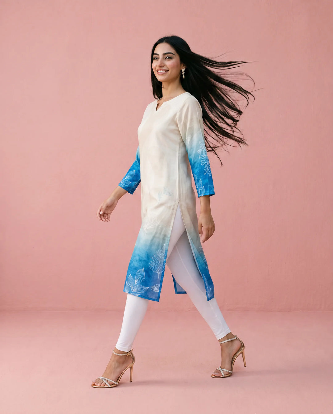 Cream and Royal Blue Printed Crepe Silk Straight cut Long Kurta