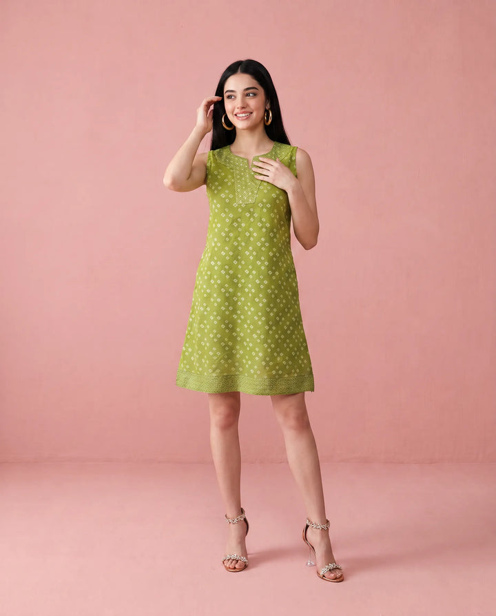 Green Printed Cotton Midi Dress
