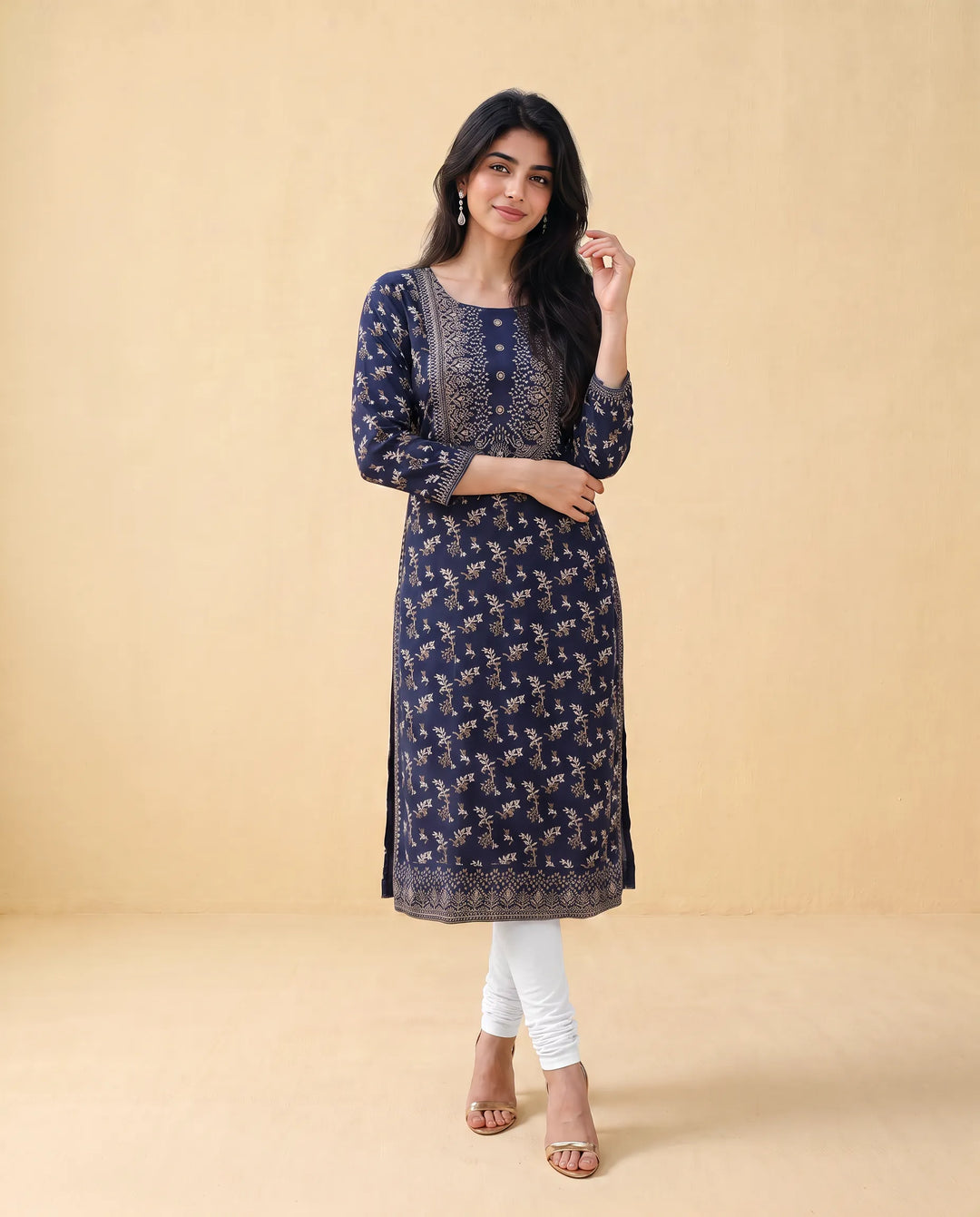 Navy Printed Cotton Straight Cut Long Kurta