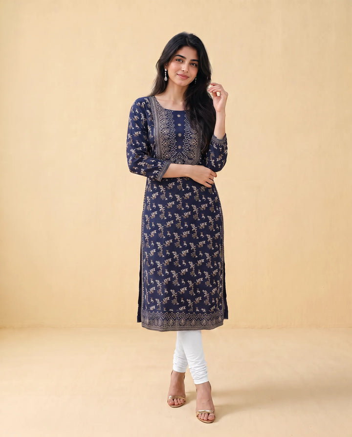 Navy Printed Cotton Straight Cut Long Kurta
