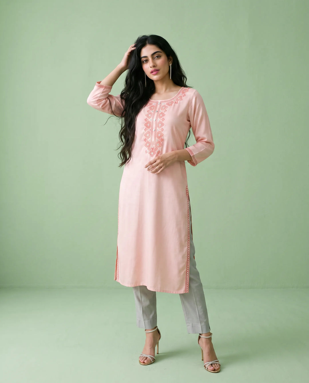 Peach Embroidered Rayon Straight cut Long Kurta
